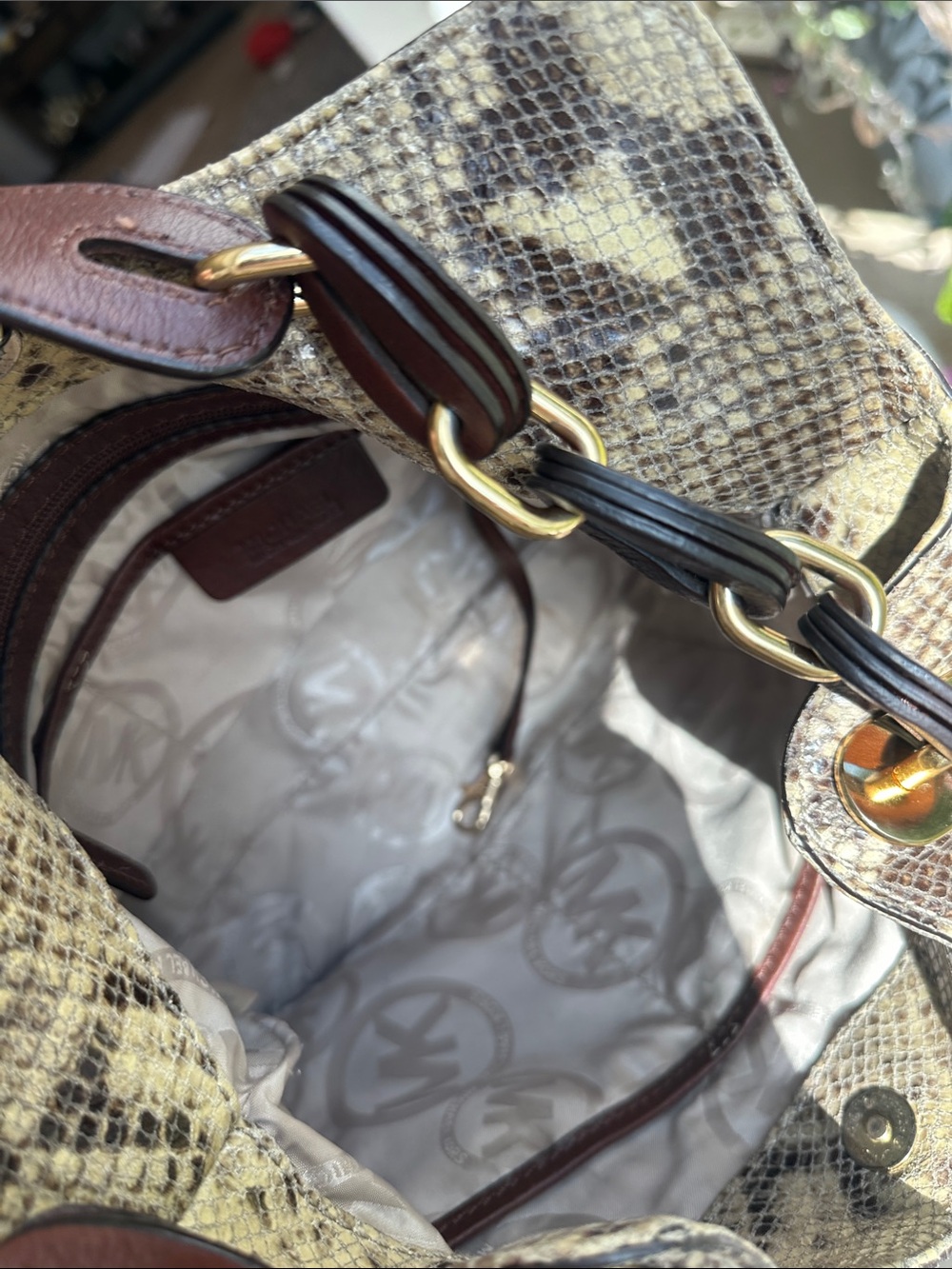 Michael Kors Taupe and Brown Snake-Print Shoulder Hobo - Picture 8 of 9